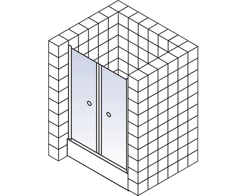 Ilustrace sprchového koutu s posuvnými dveřmi v obložené koupelně.