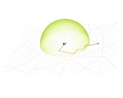 Zobrazení budovy s bezpečnostní zónou a trasou na mapě