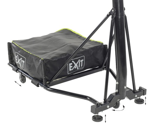 Detailní pohled na basketbalový stojan s mobilní základnou a nastavitelnými nožičkami.