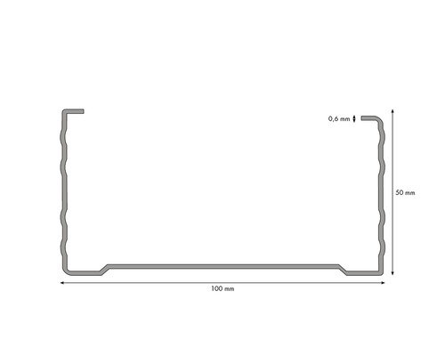 Technický výkres kovového profilu o rozměrech 100 mm x 50 mm a tloušťce 0,6 mm.