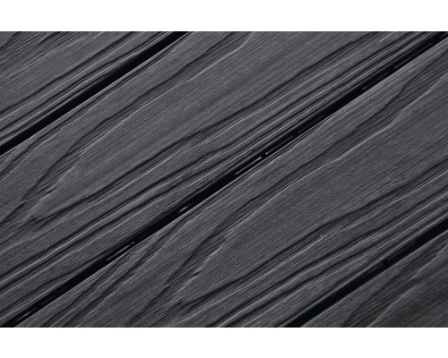 Detailní pohled na šedá terasová prkna s dřevěnou strukturou