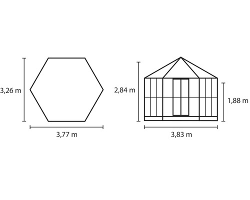 Rozměry skleníku znázorněné jako technický nákres