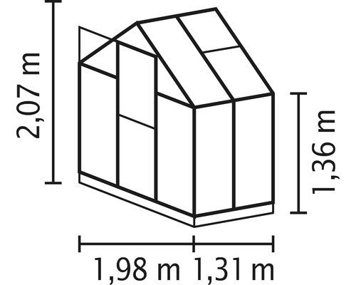 Rozměry skleníku jako čárový nákres: výška 2,07 metru, boční výška 1,36 metru, šířka 1,98 metru a 1,31 metru.