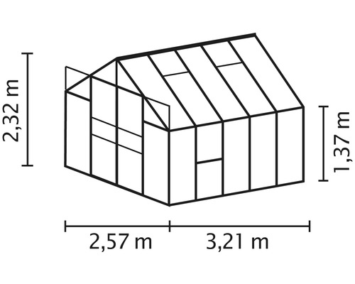 Obrázek skleníku s rozměry 2,32 m výška, 2,57 m šířka a 3,21 m délka