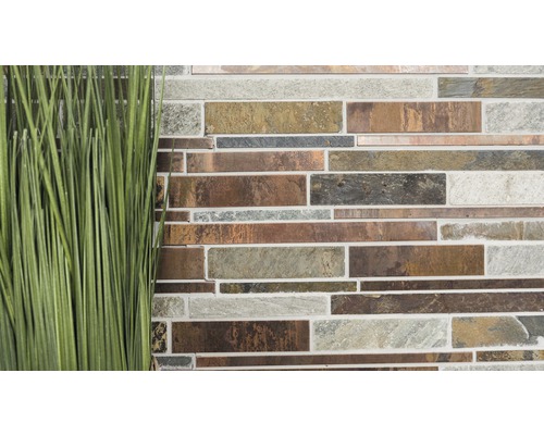 Mozaiková stěna s rostlinou v popředí