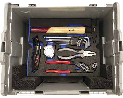 Kufrík s náradím s kladivem, klíči, kleštěmi, svinovacím metrem a nožem