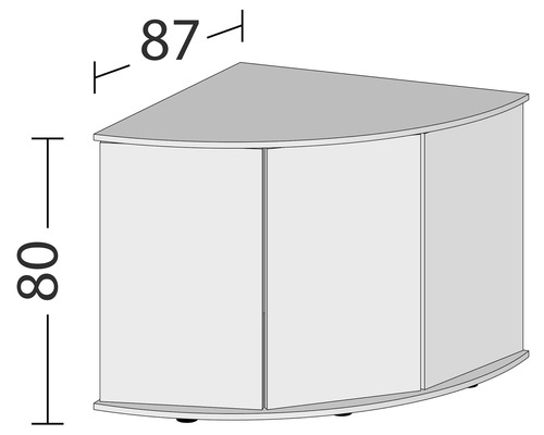 Ilustrace rohové spodní skříňky o rozměrech 87 x 80 centimetrů.