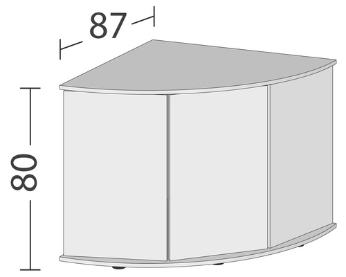 Ilustrace rohové skříňky o rozměrech 87 x 80 centimetrů.