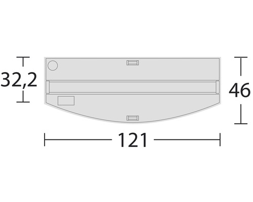 Technický nákres s rozměry krytu: šířka 121 cm, výška 46 cm a hloubka 32,2 cm.