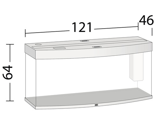Akvárium s rozměry: délka 121 cm, šířka 46 cm, výška 64 cm