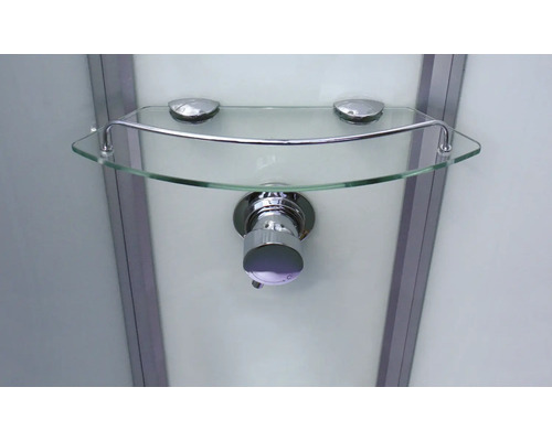 Skleněná police s armaturou ve sprše