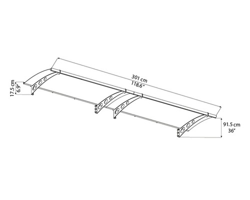 Technický výkres stříšky nad vchodové dveře s rozměry.