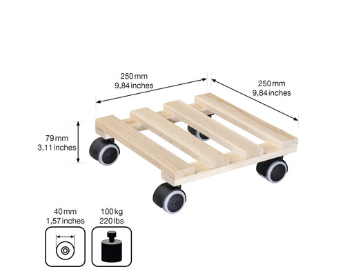 Dřevěný podstavec na kolečkách o rozměrech 250 x 250 milimetrů s maximální nosností 100 kilogramů.