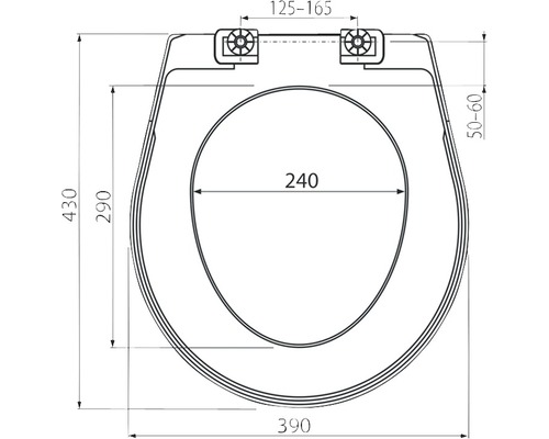 Technický výkres záchodového sedátka s rozměry