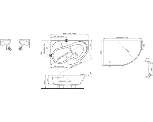 Technický výkres vany s rozměry