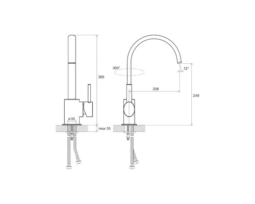 Technický výkres kuchyňské baterie s rozměry