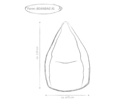 Nákres sedacího vaku velikosti XL o rozměrech přibližně 110 cm výšky a přibližně 70 cm v průměru