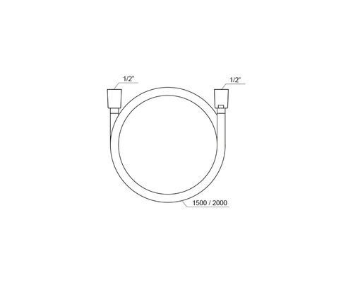 Schéma pancéřové hadice s 1/2palcovými přípojkami a délkou 1500 až 2000 milimetrů