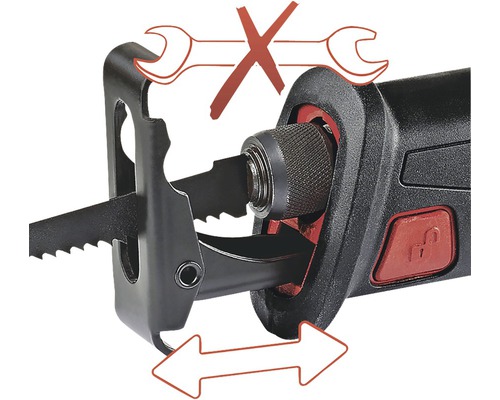 Detailní záběr šavlové pily s výměnou čepele bez použití nářadí a nastavitelným orbitálním pohybem