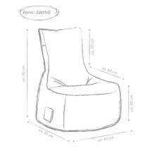 Nákres sedacího vaku křesla o rozměrech 95 cm x 90 cm x 65 cm x 50 cm x 60 cm x 40 cm ve tvaru Swing