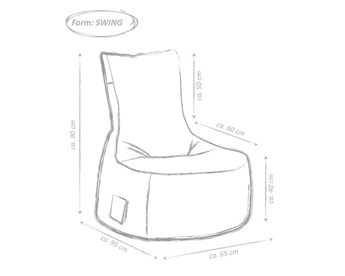 Nákres sedacího vaku křesla o rozměrech 95 cm x 90 cm x 65 cm x 50 cm x 60 cm x 40 cm ve tvaru Swing