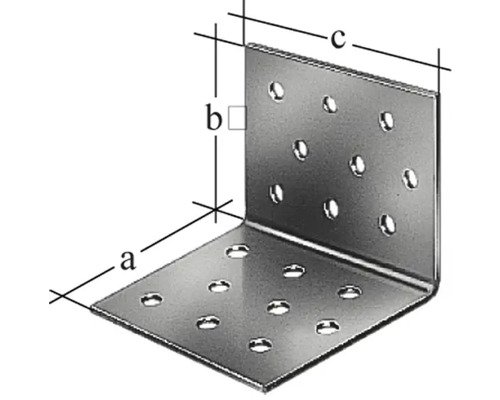Rohový spojovník z kovu s otvory pro vrtání a rozměrovými údaji