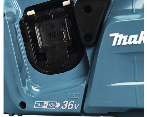 Logo Makita na akumulátorové pile s 36voltovou bateriovou přihrádkou