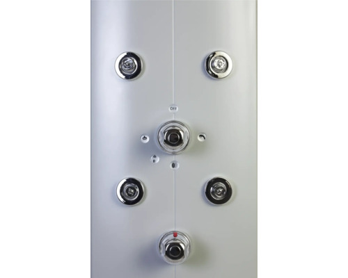 Detail sprchového panelu s různými ovládacími prvky a indikátory funkcí