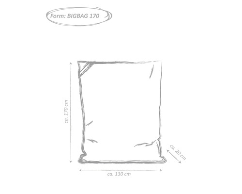 Nákres Bigbag 170 s rozměry přibližně 170 cm výška, přibližně 130 cm šířka a přibližně 20 cm hloubka