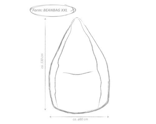 Nákres sedacího vaku ve tvaru XXL o výšce přibližně 130 cm a průměru přibližně 80 cm.