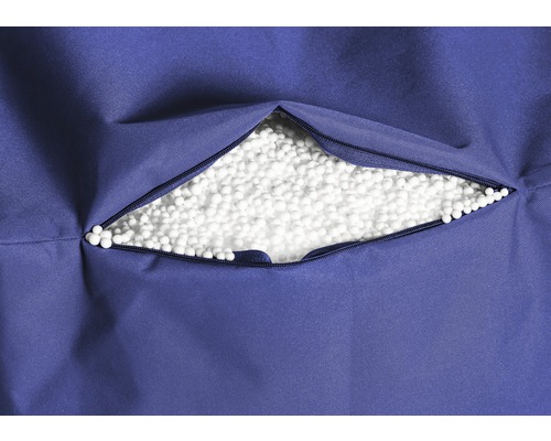 Modrý obal sedacího vaku se zipem a výplní z polystyrenových kuliček