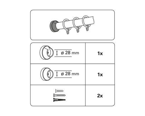 Obrázek záclonové tyče s příslušenstvím pro montáž na stěnu, průměr 28 milimetrů