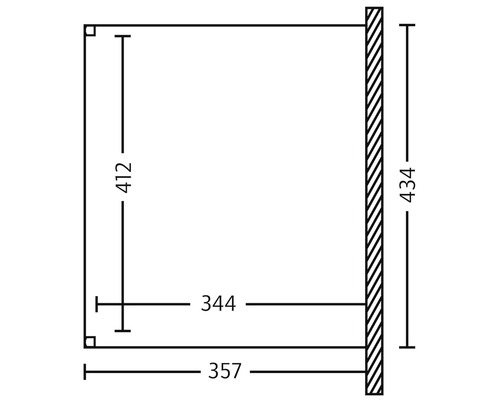 Technický výkres police o rozměrech 357 mm šířka, 412 mm výška a 344 mm hloubka.