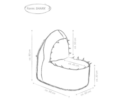 Nákres dětské postýlky ve tvaru žraloka s rozměry
