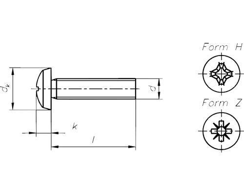 Technický nákres šroubu s rozměry a variantami hlavy H a Z