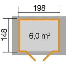 Půdorys s rozměry 148 krát 198 a objemem 6,0 metrů krychlových