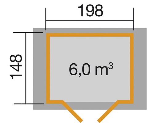 Půdorys s rozměry 148 krát 198 a objemem 6,0 metrů krychlových