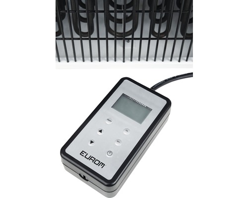 Detailní pohled na topení s ovládacím prvkem značky Eurom