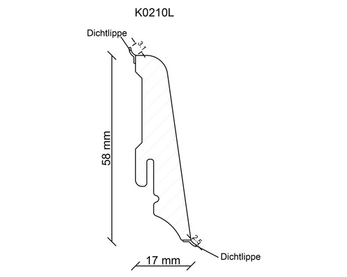 Technický nákres profilu s těsnicí lištou, výška 58 mm a šířka 17 mm