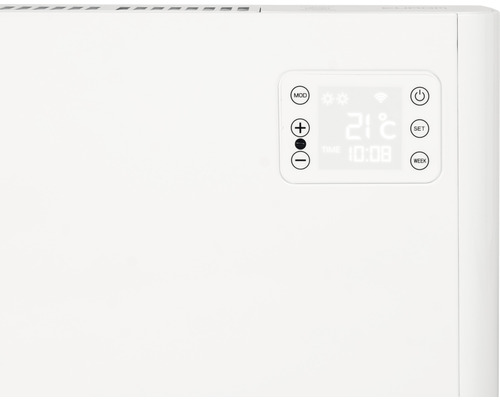 Detail bílého radiátoru s digitálním displejem