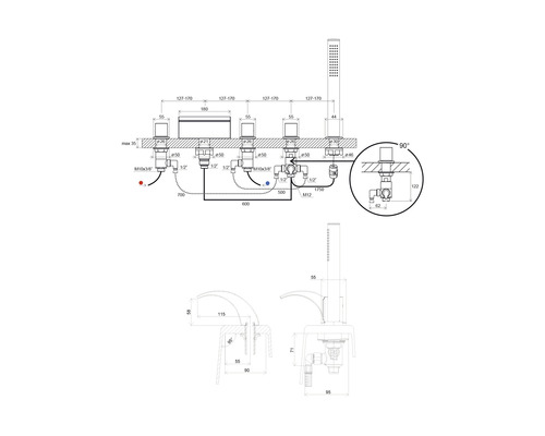 Technický výkres sprchové baterie s rozměry