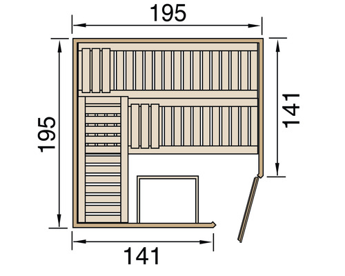 Pohled shora na saunu s rozměry: 195 x 195 cm a 141 x 141 cm