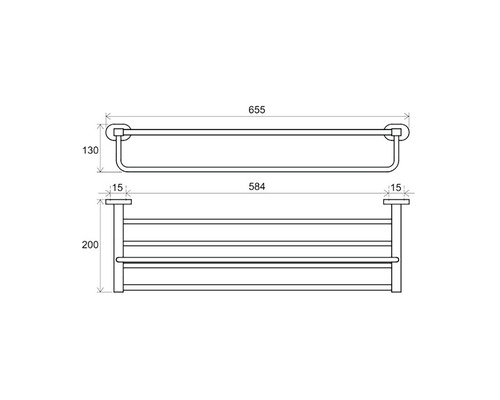 Technický výkres držáku na ručníky s policí a rozměry.