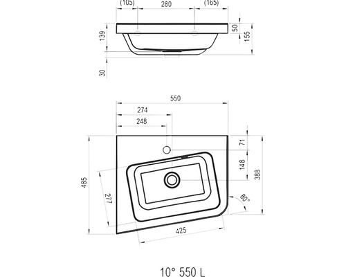 Technický výkres umyvadla s rozměry