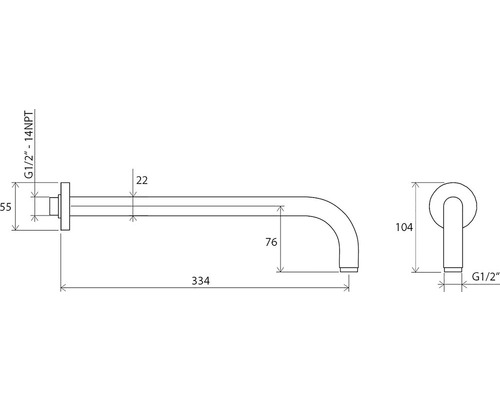 Technický nákres nástěnného výtoku s rozměry