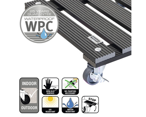 Pojízdná deska z voděodolného WPC s 25letou zárukou, vhodná pro vnitřní i venkovní použití, s protiskluzovým povrchem, odolná proti UV záření, vodoodpudivá a bez nutnosti lakování