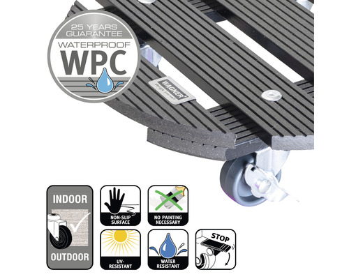 Podstavec na květináč z WPC s kolečky pro vnitřní i venkovní použití a zárukou, voděodolný, protiskluzový, odolný proti UV záření, není nutný nátěr a parkovací brzda