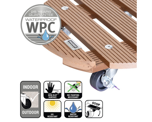 Podložka pod květináč na kolečkách z WPC s 25letou zárukou, vodotěsná, protiskluzový povrch, odolná proti UV záření a vodě, vhodná pro vnitřní i venkovní použití, není nutné natírat, s parkovací brzdou, logo Wagner