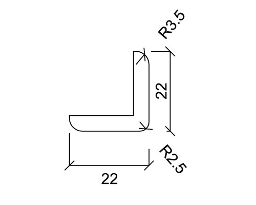 Technický nákres úhelníku s rozměry 22, poloměr 3.5 a poloměr 2.5