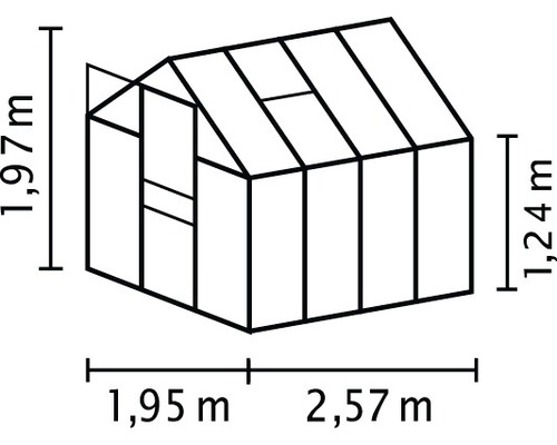 Technický nákres skleníku o rozměrech 1,97 metru výšky, 1,95 metru hloubky a 2,57 metru šířky